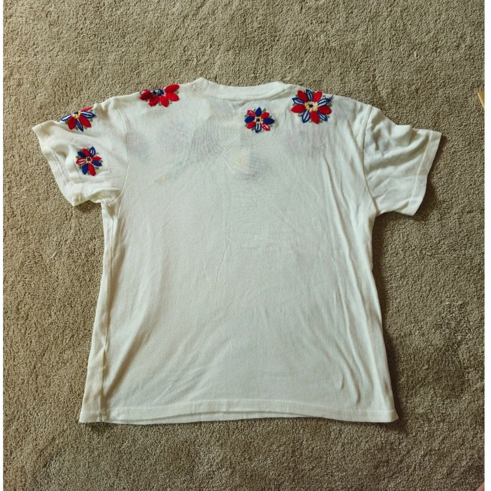 Free People Petal Tee Embroidered Women Size M Cream Floral Cotton Boho Cottage